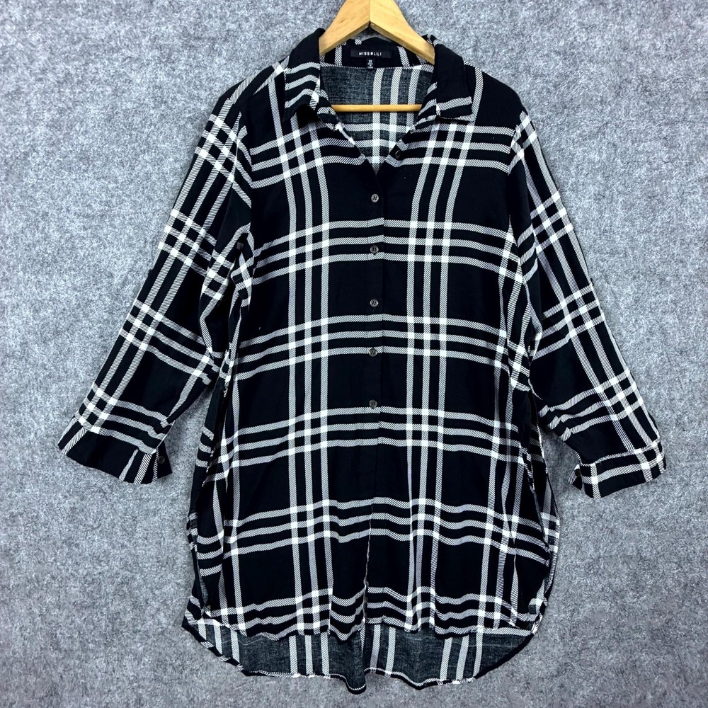 Miss Lili Shirt Women 2X Black White Plaid Roll Tab Button Front Grunge Oversize